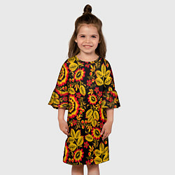Платье клеш для девочки Хохломская роспись золотистые листья и цветы чёрно, цвет: 3D-принт — фото 2