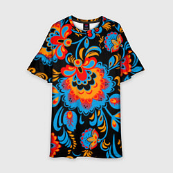 Платье клеш для девочки Хохломская роспись разноцветные цветы на чёроном ф, цвет: 3D-принт