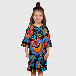 Платье клеш для девочки Хохломская роспись разноцветные цветы на чёроном ф, цвет: 3D-принт — фото 2