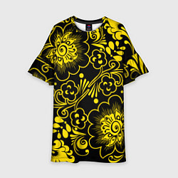 Платье клеш для девочки Хохломская роспись золотые цветы на чёроном фоне, цвет: 3D-принт