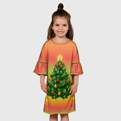Платье клеш для девочки Ёлка новогодняя украшенная на ярком разноцветном ф, цвет: 3D-принт — фото 2