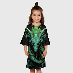 Платье клеш для девочки Зеленый яркий неоновый дракон 2024 год, цвет: 3D-принт — фото 2