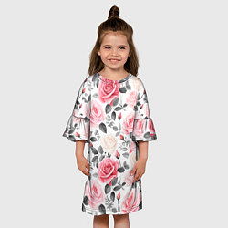 Платье клеш для девочки Розовые розы и серые листочки - паттерн, цвет: 3D-принт — фото 2