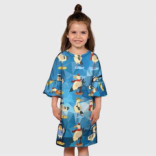 Детское платье Паттерн чаек на полигональном синем / 3D-принт – фото 3