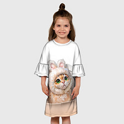 Платье клеш для девочки Милый кот-мем в шапке с ушками - бежевый градиент, цвет: 3D-принт — фото 2
