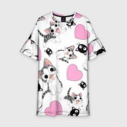 Платье клеш для девочки Влюблённый котик аниме и сердечки, цвет: 3D-принт