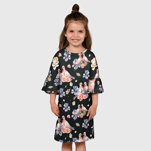 Детское платье Голуби с розами и ирисами black / 3D-принт – фото 3