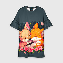 Платье клеш для девочки Милые лисички в цветах, цвет: 3D-принт