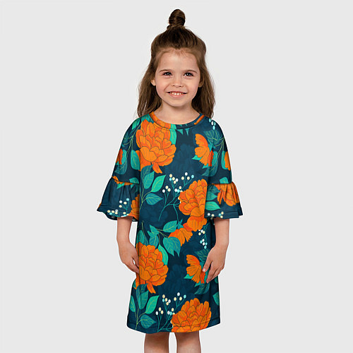 Детское платье Паттерн с оранжевыми цветами / 3D-принт – фото 3