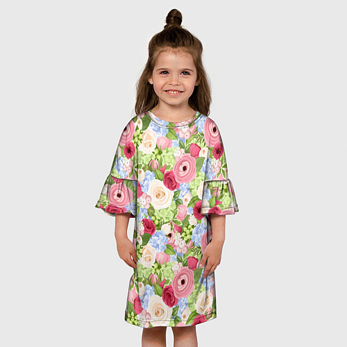 Детское платье Фон с розами, лютиками и гортензиями / 3D-принт – фото 3