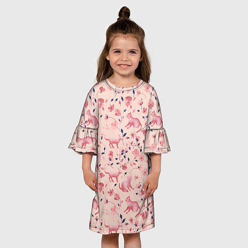 Детское платье Розовый паттерн с цветами и котиками / 3D-принт – фото 3