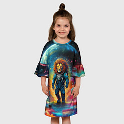 Платье клеш для девочки Лев космонавт в неоновом космическом пространстве, цвет: 3D-принт — фото 2