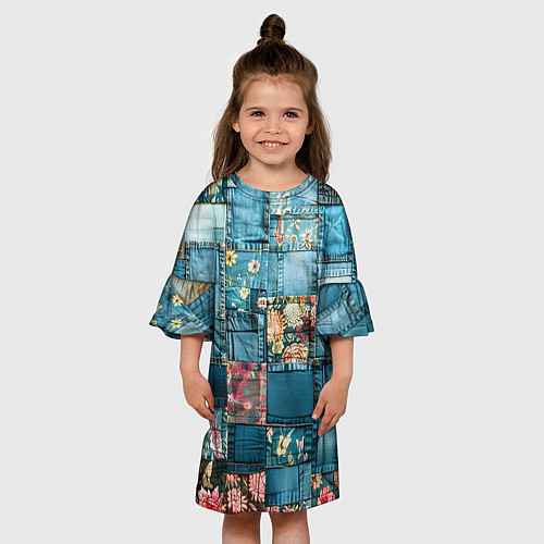 Детское платье Джинсовые лоскуты с цветочками / 3D-принт – фото 3