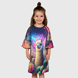 Платье клеш для девочки Альпака в кактусах и портал, цвет: 3D-принт — фото 2