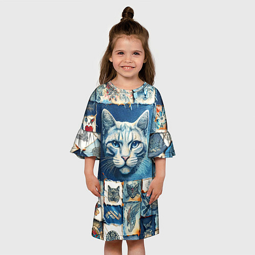 Детское платье Кошка на дениме - пэчворк / 3D-принт – фото 3