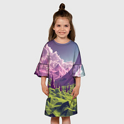 Платье клеш для девочки Геометрический зеленый пейзаж и фиолетовые горы, цвет: 3D-принт — фото 2