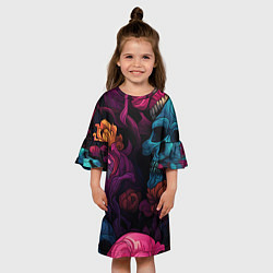 Платье клеш для девочки Яркие цветы с черепами, цвет: 3D-принт — фото 2