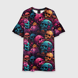 Платье клеш для девочки Поле яркий черепов и цветов, цвет: 3D-принт