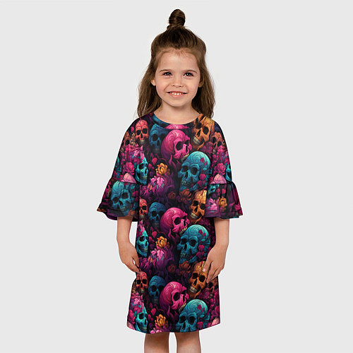 Детское платье Поле яркий черепов и цветов / 3D-принт – фото 3