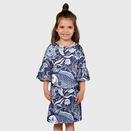 Детское платье Рыба карп - синий корейский узор / 3D-принт – фото 3