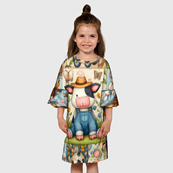 Платье клеш для девочки Прикольный телёнок и его друзья - пэчворк, цвет: 3D-принт — фото 2