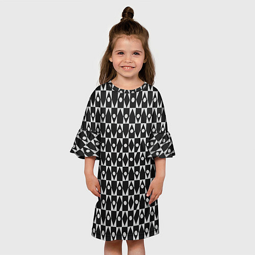 Детское платье Чёрно-белые ромбы и круги на чёрном фоне / 3D-принт – фото 3