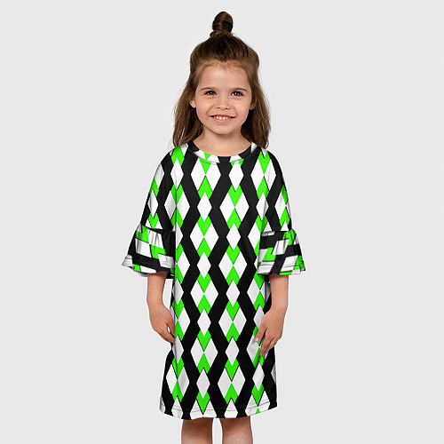 Детское платье Зелёные и белые ромбы на чёрном фоне / 3D-принт – фото 3