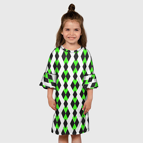 Детское платье Чёрные и зелёные ромбы на белом фоне / 3D-принт – фото 3