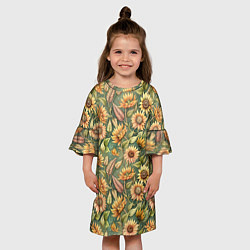 Платье клеш для девочки Желтые подсолнухи и пшеница, цвет: 3D-принт — фото 2