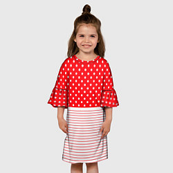 Платье клеш для девочки Красно-белый в горошек с полосами, цвет: 3D-принт — фото 2