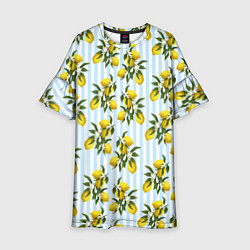 Детское платье Ветка летних лимонов - голубые полосы