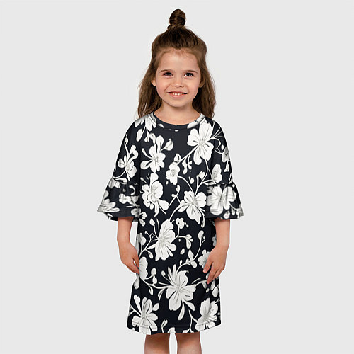 Детское платье Патерн белых цветов на черном фоне / 3D-принт – фото 3