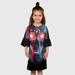 Платье клеш для девочки Неоновый кибер череп - нейросеть, цвет: 3D-принт — фото 2