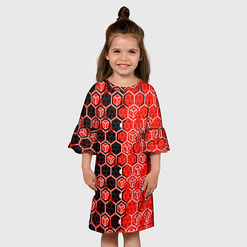 Детское платье Техно-киберпанк шестиугольники красный и чёрный с / 3D-принт – фото 3