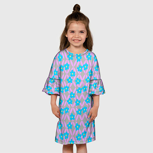 Детское платье Голубые цветочки на розовом орнаменте / 3D-принт – фото 3