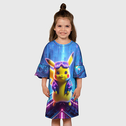 Детское платье Прикольный Пикачу на крыше небоскрёба - нейроарт / 3D-принт – фото 3