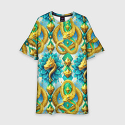 Платье клеш для девочки Золотистые змеи и цветы, цвет: 3D-принт