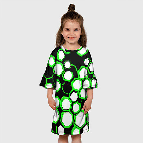 Детское платье Бело-зелёные шестиугольники на чёрном фоне / 3D-принт – фото 3