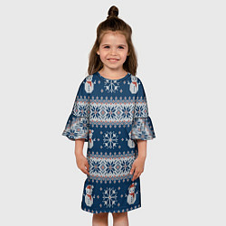 Платье клеш для девочки Вязаный зимний узор со снеговиками, цвет: 3D-принт — фото 2