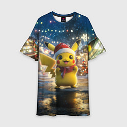 Платье клеш для девочки Новогодний Пикачу, цвет: 3D-принт
