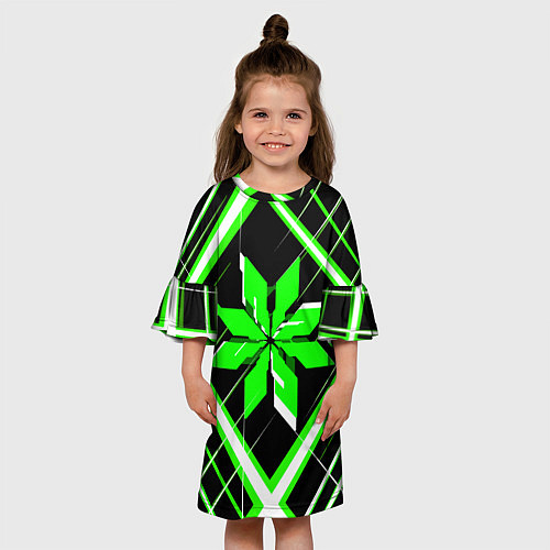 Детское платье Зелёно-белая звезда и полосы на чёрном фоне / 3D-принт – фото 3