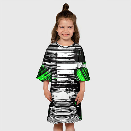 Детское платье Горизонтальные чёрные линии на бело-зелёном фоне / 3D-принт – фото 3