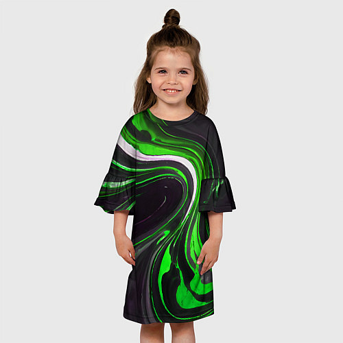 Детское платье Волнистые бело-зелёные линии на чёрном фоне / 3D-принт – фото 3