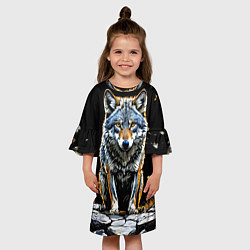 Платье клеш для девочки Волк на черном, цвет: 3D-принт — фото 2