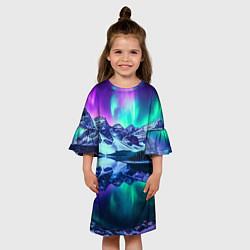 Платье клеш для девочки Северное сияние над горами - неоновое свечение, цвет: 3D-принт — фото 2