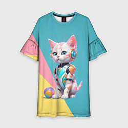 Платье клеш для девочки Кибер котёнок с мячиком - милашка, цвет: 3D-принт