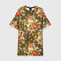 Платье клеш для девочки Розы садовые и цветы полевые, цвет: 3D-принт