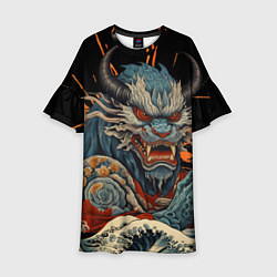 Платье клеш для девочки Японский дракон и волны в стиле тату ирезуми, цвет: 3D-принт