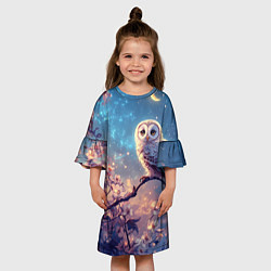 Платье клеш для девочки Сова на фоне ночного неба, цвет: 3D-принт — фото 2