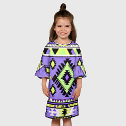 Платье клеш для девочки Геометрический сиренево желтый орнамент ацтеков, цвет: 3D-принт — фото 2